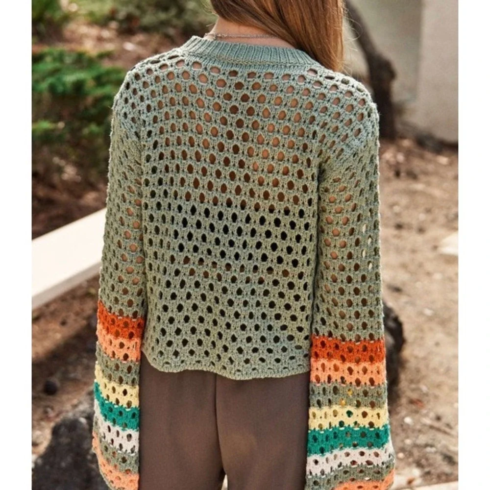 Davi & Dani Crochet Granny Square Bell Sleeve Cropped Sweater S Hippie Festival - Picture 2 of 14